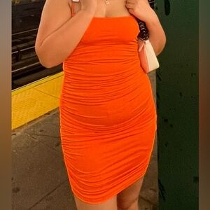 Vibrant Orange Ruched Mini Dress